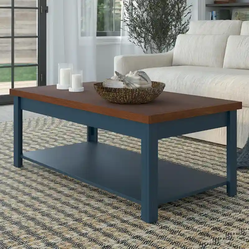 Bridgevine Home Nantucket 48 inch Coffee Table, No Assembly Required, Blue Denim and Whiskey