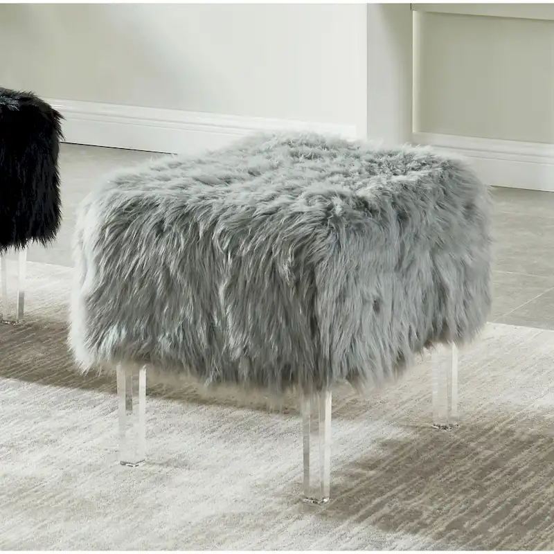Grey / Pink / Black Faux Fur Round Ottoman with Clear Acrylic Legs, Seats 1