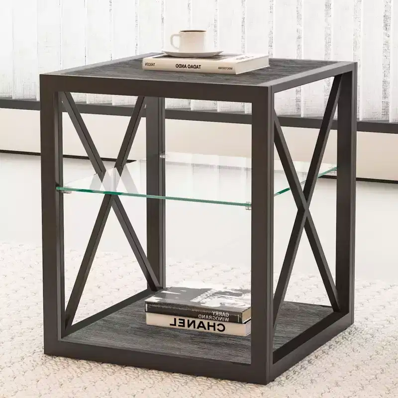 Modern Industrial End Table Nightstand - Tempered Glass and Natural Wood MDF Top with Metal Frame for Bedroom and Living Room