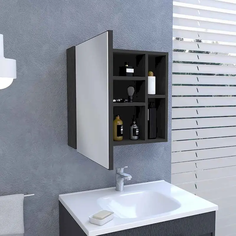 Medicine Cabinet , Three Internal Shelves, Single Door, Two External Shelves, Black Wengue Finish