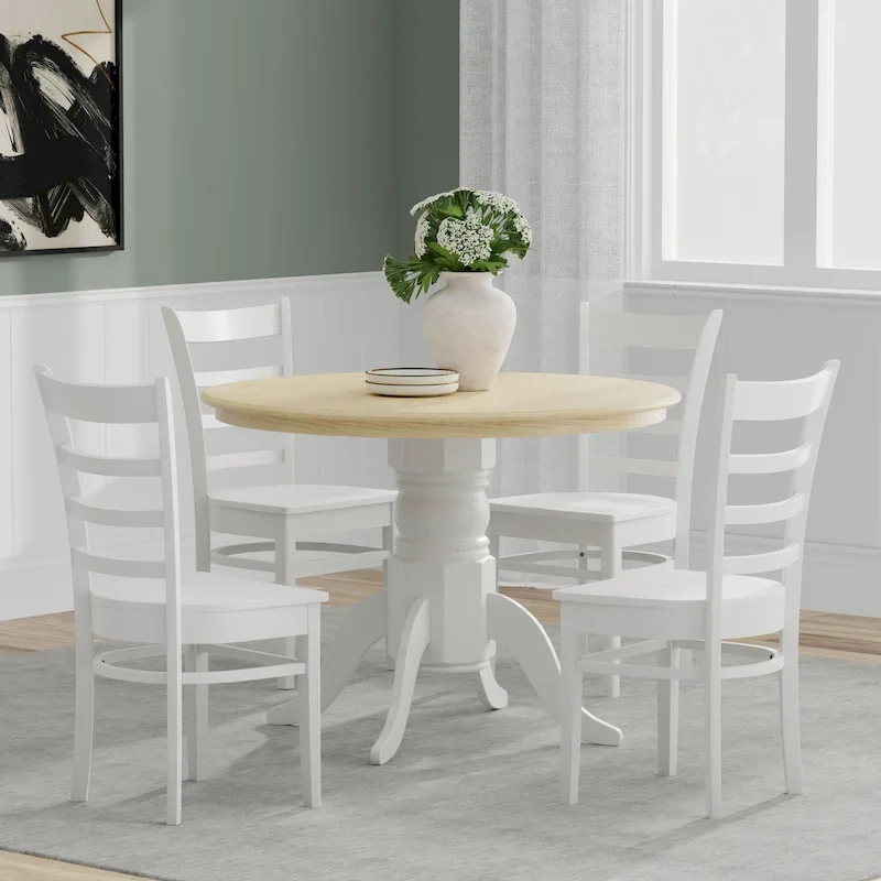 5-Piece Dining Set, 42 Round Pedestal Table and Slat Back Chairs