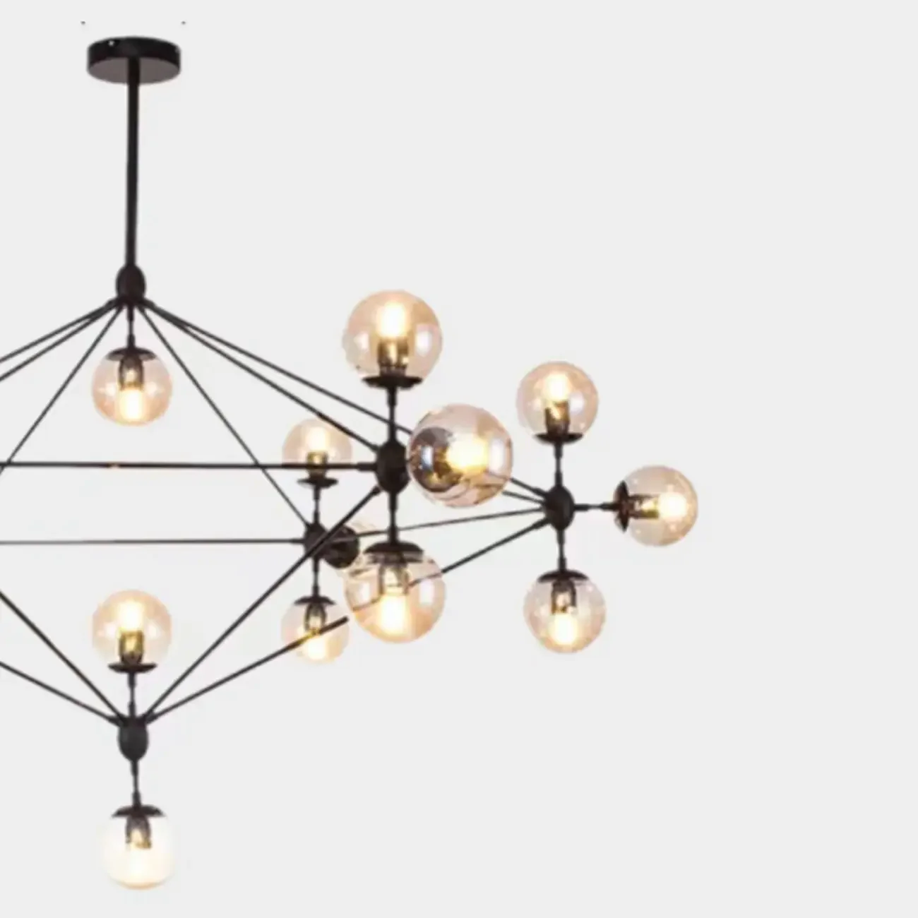 Industrial Black Globe Chandelier with Cognac Glass Shades