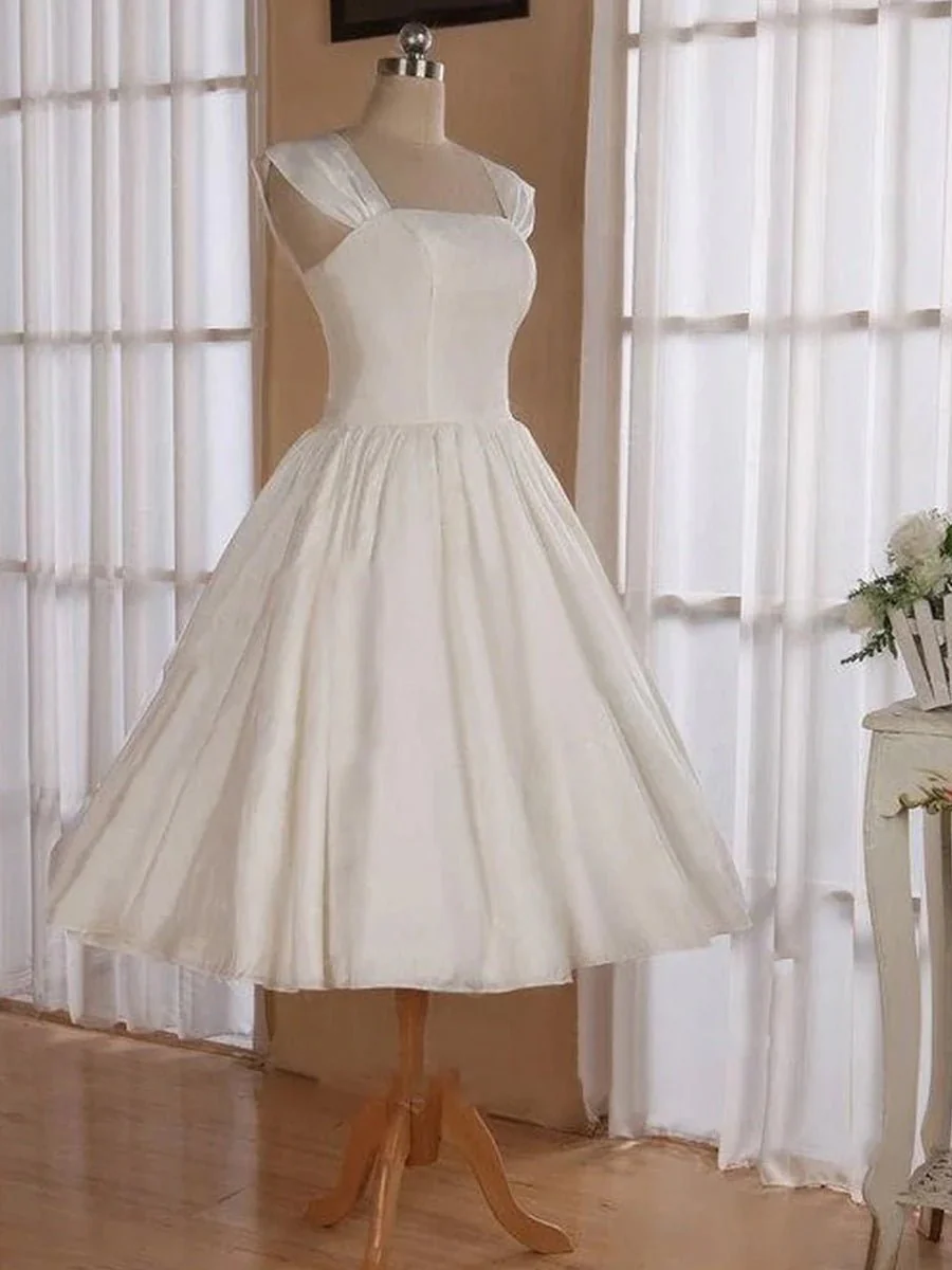 Straps Sleeveless Lace-Up Back Tea-Length Satin Wedding Dress