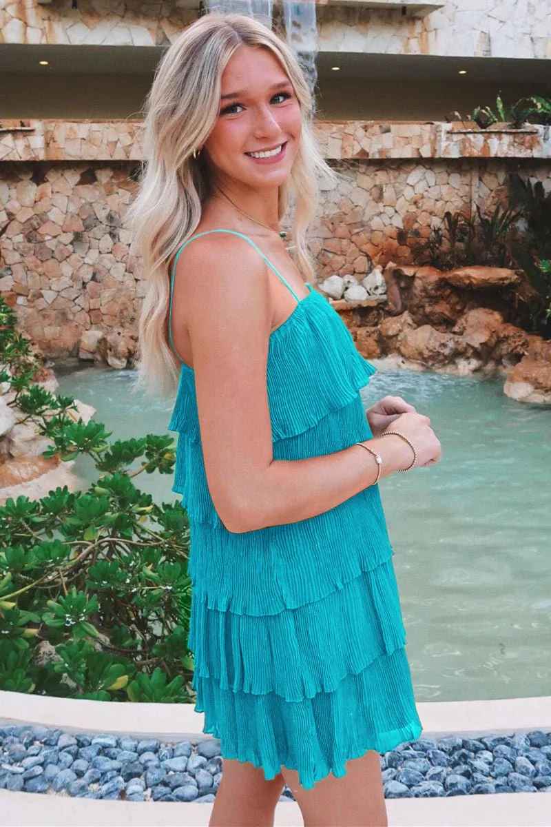 Green Spaghetti Strap Ruffle Tiered Pleated Party Dress