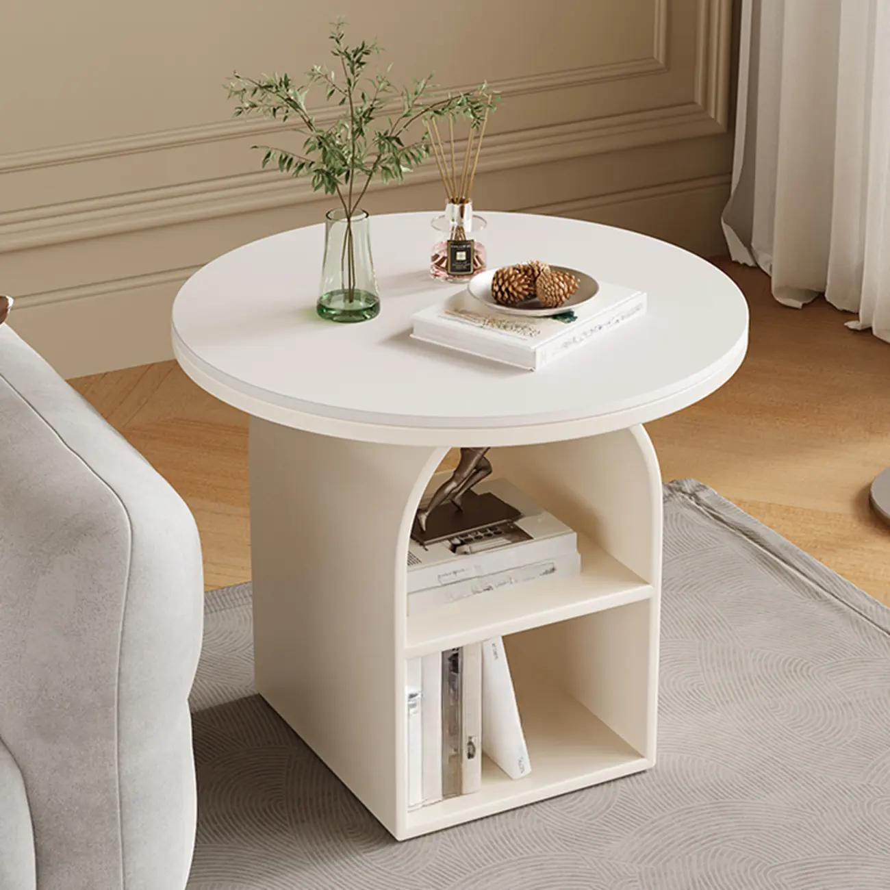 Modern Geometric Sintered Stone White 3-Tier Chairside Table