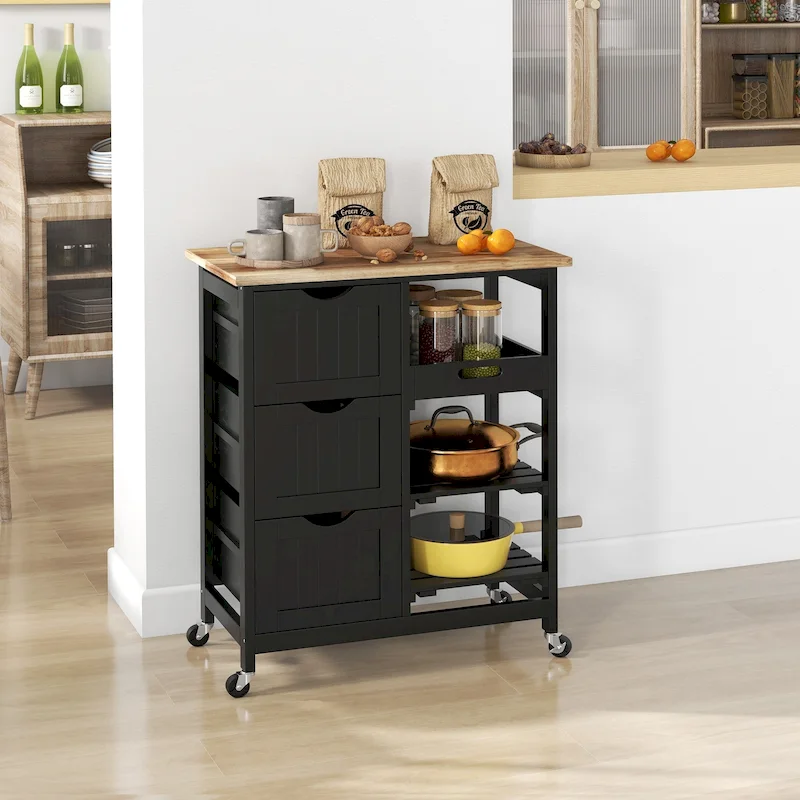 Grey/White/Black Rolling Kitchen Island Cart with Wood Top, Shelves & Drawers