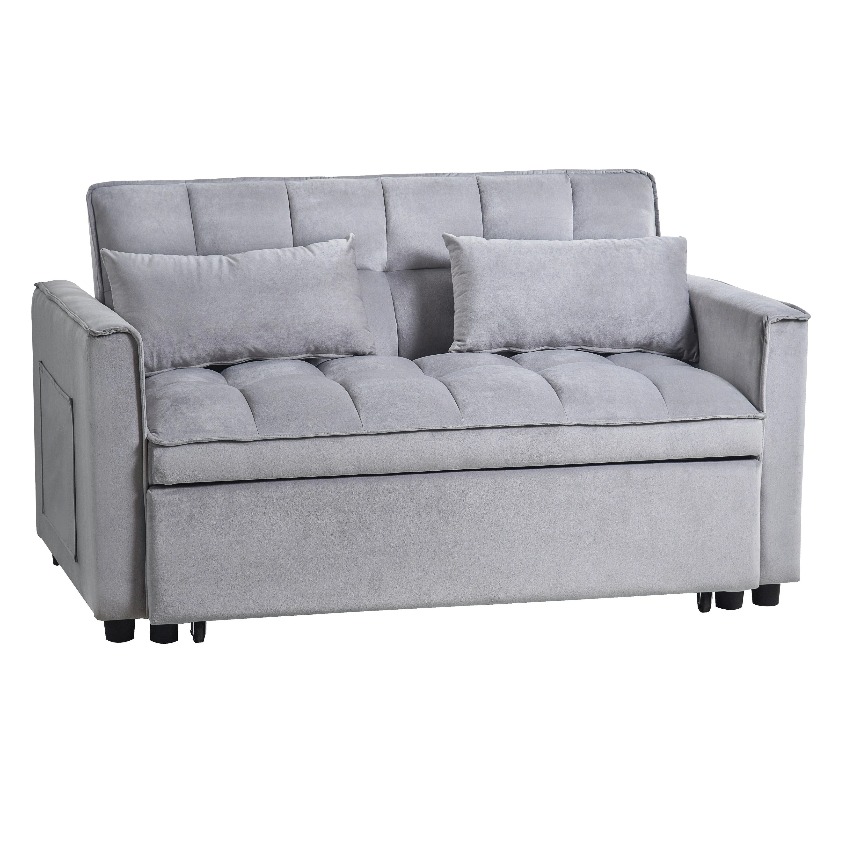 Modern Pull-Out Couch Bed, 3-in-1 Sleeper Sofa with Adjustable Backrest, Velvet Loveseat, Pillows & Side Pockets