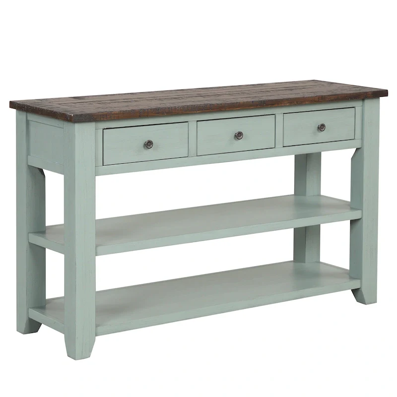 Modern Solid Pine Wood Top Console Table with 3 Drawers and 2 Shelves