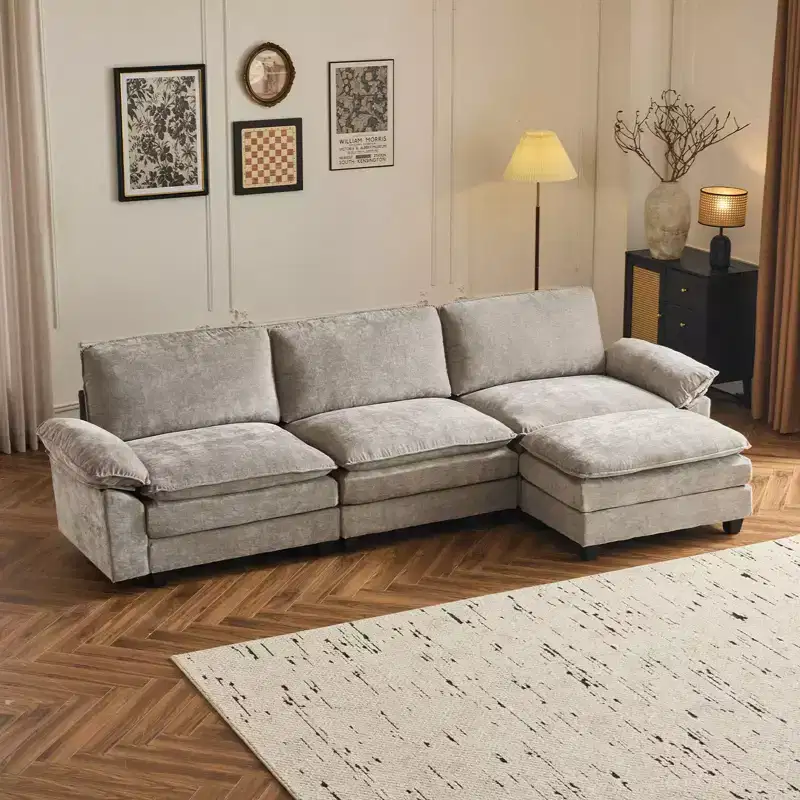 Karl Home |120 in. W Pillow Top Arm Double-layer Cushion Chenille Sofa in Brown With Ottoman