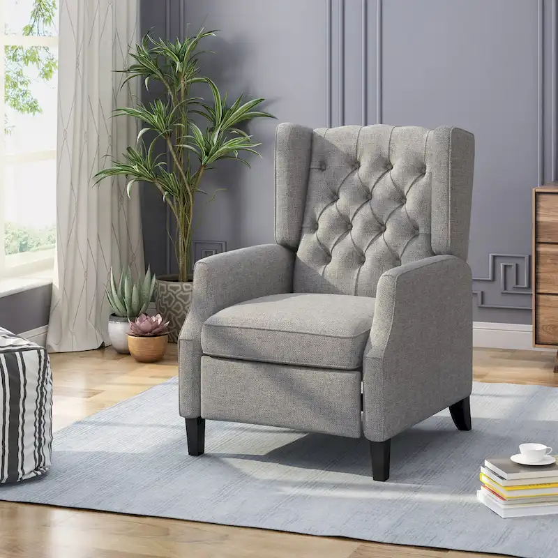 Grey Fabric Mid-Century Upholstered Wingback Push-Back Recliner with Footrest and Button-tufted Backrest