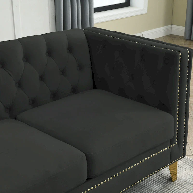 Black 82.2 Velvet Chesterfield L-Shaped 5-Seater Sectional Sofa with Nailhead Trim, Metal Legs, and Tufted Cushions