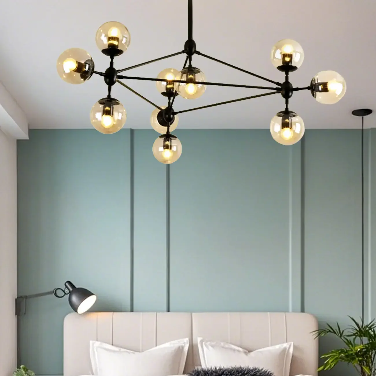 Industrial Black Globe Chandelier with Cognac Glass Shades