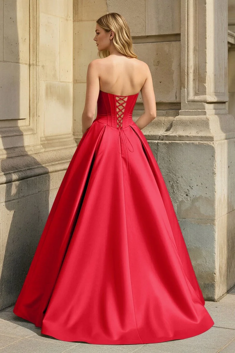 Pink Strapless A Line Pleated Satin Long Prom Dresses With Flower