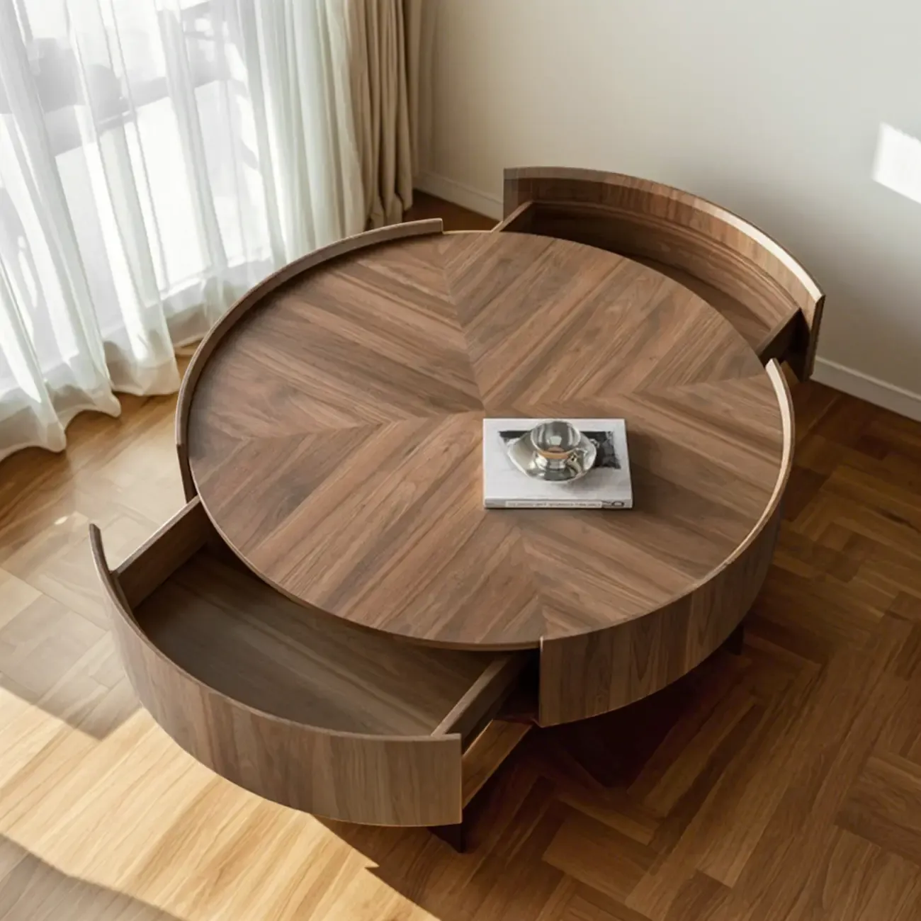 Modern Round Wood Coffee Table with Steel Base