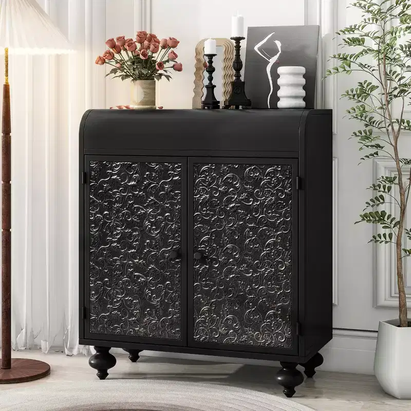 Artistic decorative cabinet with 2 doors, sideboard with storage function, with embossed pattern, suitable for entrance, living room Antique Black