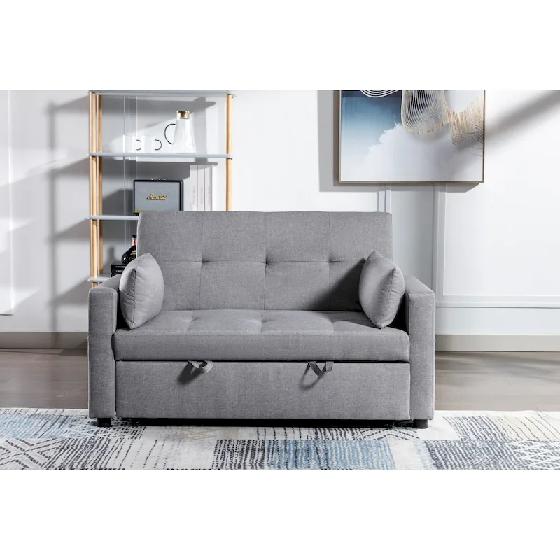 Light Grey Linen 3-in-1 Convertible Sleeper Loveseat with Side Storage Pocket