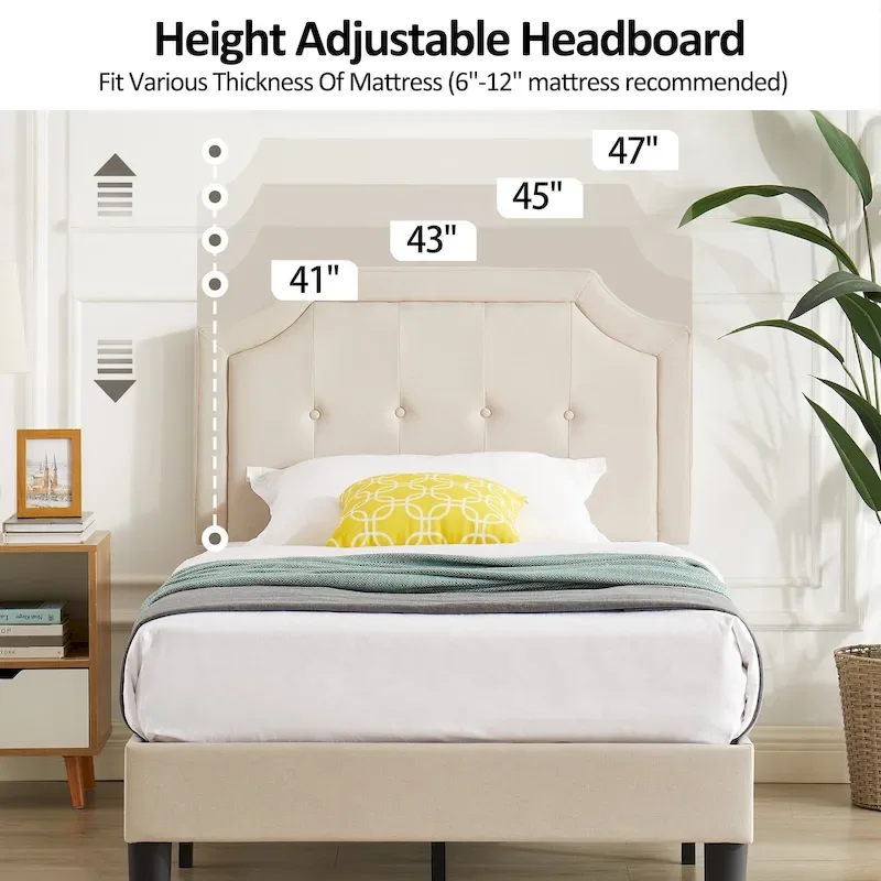 Javlergo Modern Upholstered Bed Frame with Height Adjustable Headboard, No Box Spring Needed
