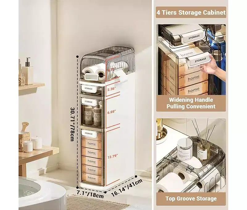 4-Tier Slim Storage Cabinet with Wheels, 7.1 Wide Freestanding Organizer with 3 Drawers & Toilet Paper Holder, for Bathroom, Kitchen