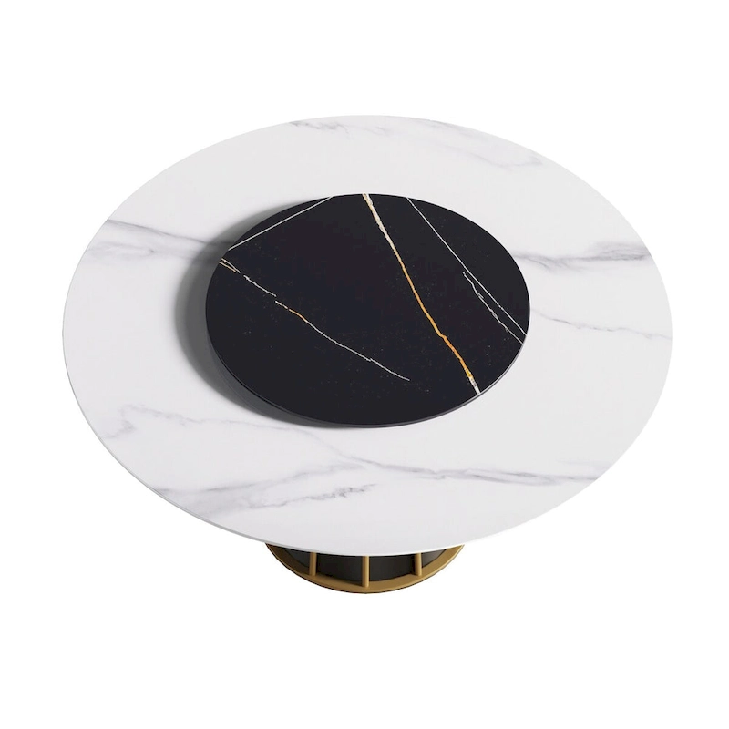 59 White Round Dining Table with Lazy Susan, Sintered Stone Tabletop - N/A