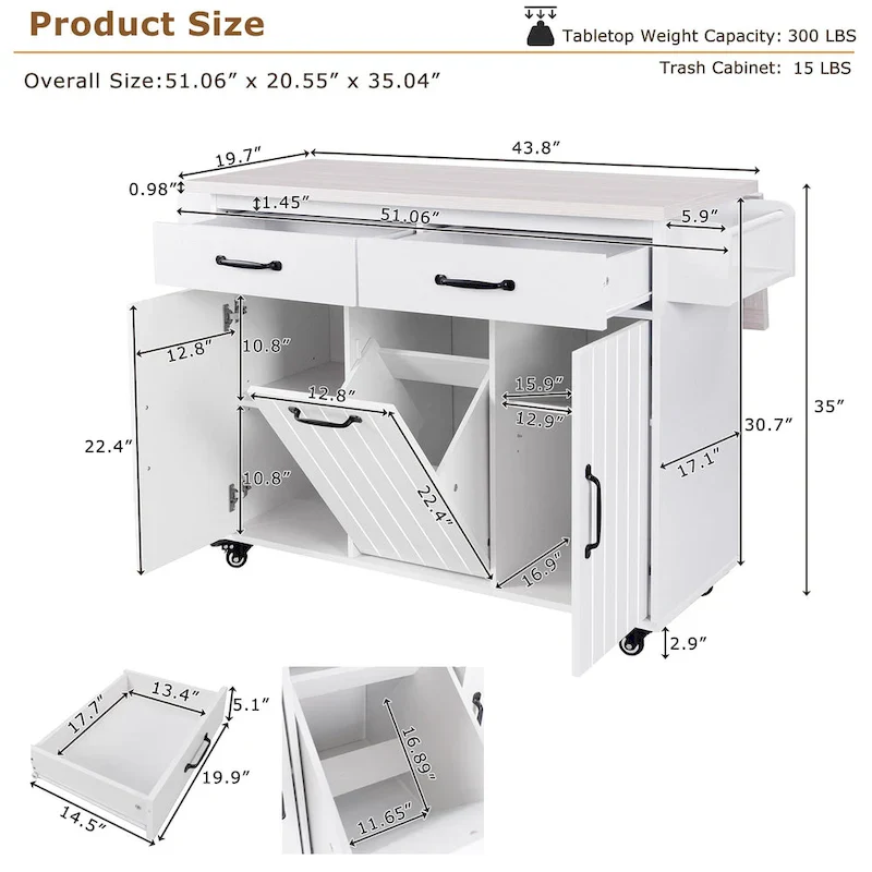 51 in. W Rolling Kitchen Island Cart with Drop Leaf and Tilt-out Trash Can