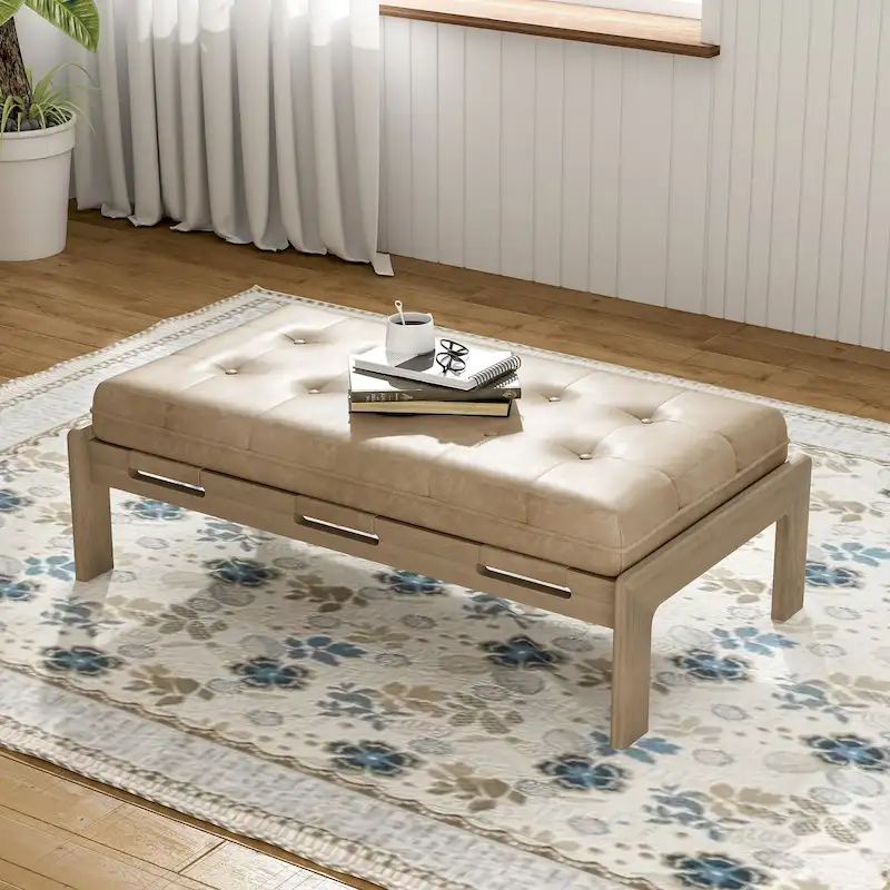 Christopher Knight Home - 48.4 Rectangle Tufted Upholstered Cocktail, Leather Ottoman Coffee Table with Rubber Wood Frame