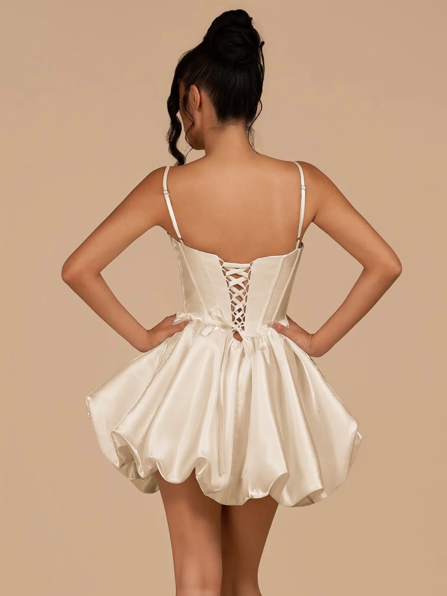 Champagne - A Line Bubble hem Satin Corset Sweetheart Homecoming Dresses