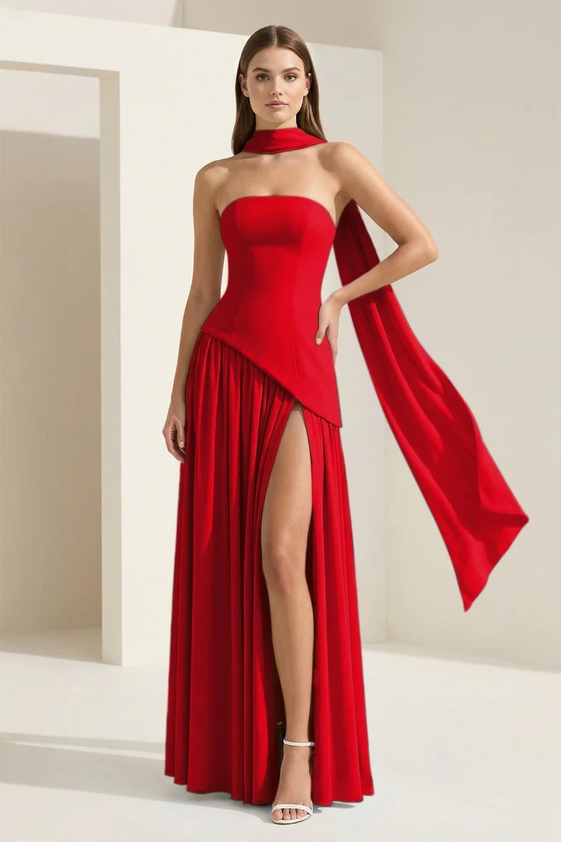 Pink - Strapless Sheath Chiffon Long Prom Dresses With Slit