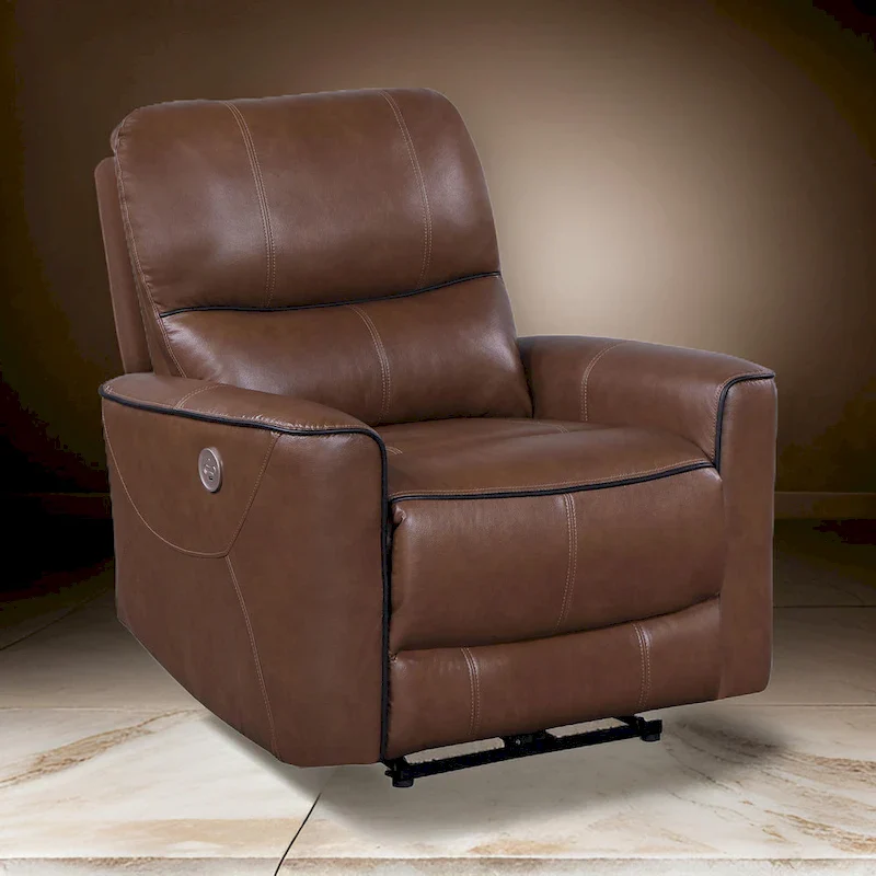 Power Recliner Chair, Brown Faux Leather, USB Port, Foam Cushions