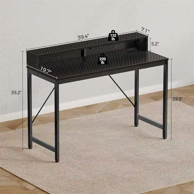 39-Inch Computer Desk with LED Lights and Built-In Power Strip