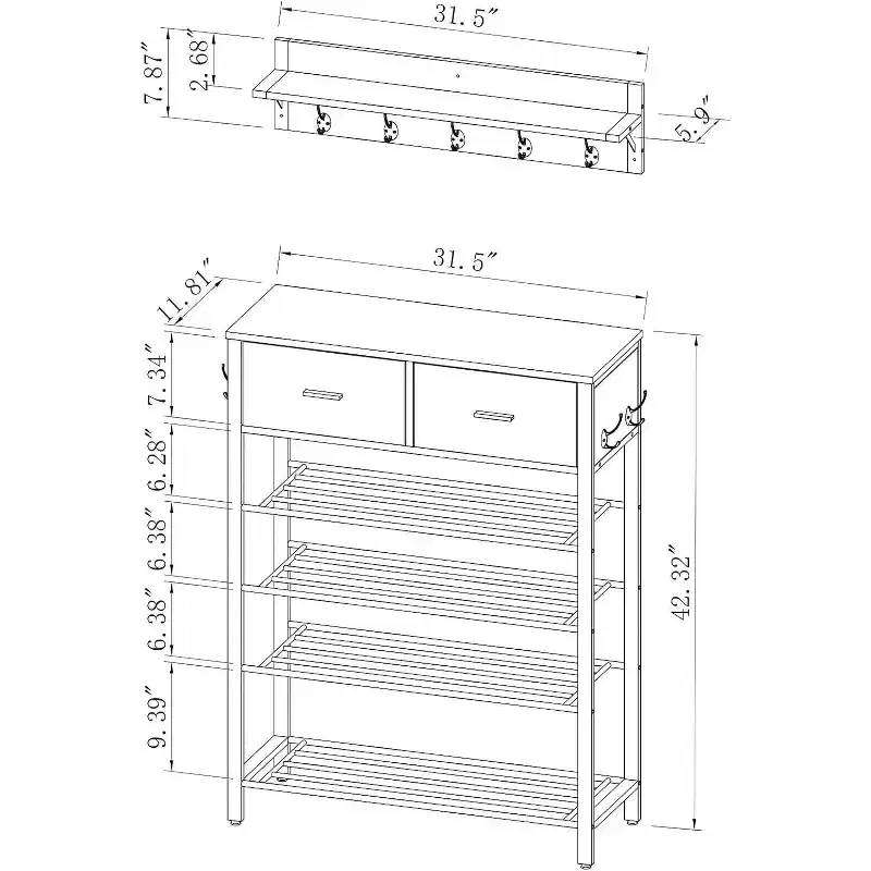 Shoe Rack, 4 Tier Shoe Storage Organizer With 2 Drawers, Metal Shoe Shelf Shoe Stand Shoes Storage Rack Hallway Shoe Rack With Storage And Hooks