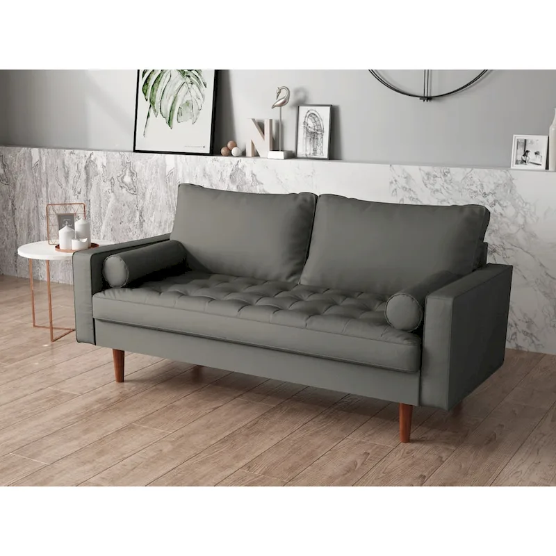 White / Brown / Black / Grey Faux Leather Mid-Century Loveseat with Button Tufting and Tapered Legs – 2 Person