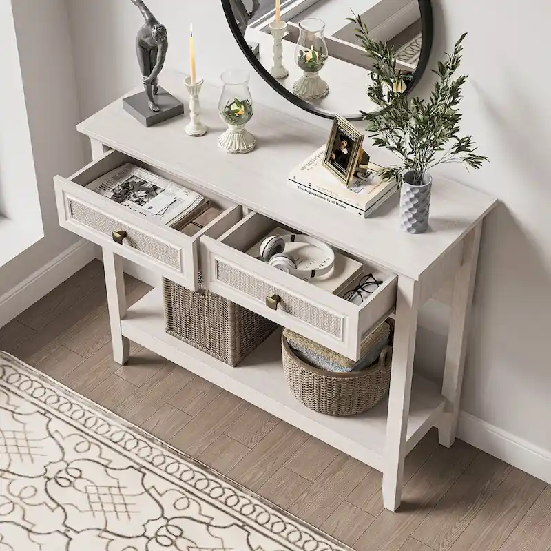 Boho Natural Rattan Console Table With Widened Tabletop & 2 Drawers