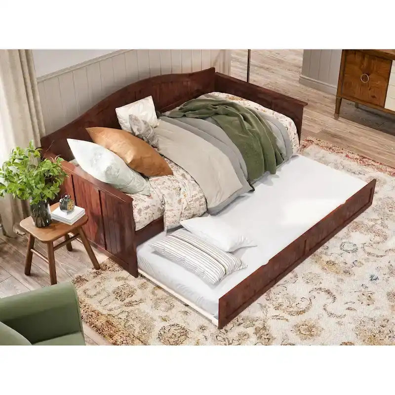 Twin Wood Daybed with Trundle - Beadboard Design, 600lbs Capacity, White/Walnut/Grey/Toffee, No Box Spring Needed