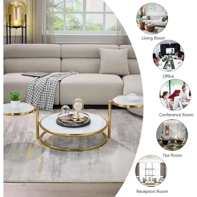 Round Tempered Glass Coffee Table with 3 Tiers 360 Degrees Rotating Top