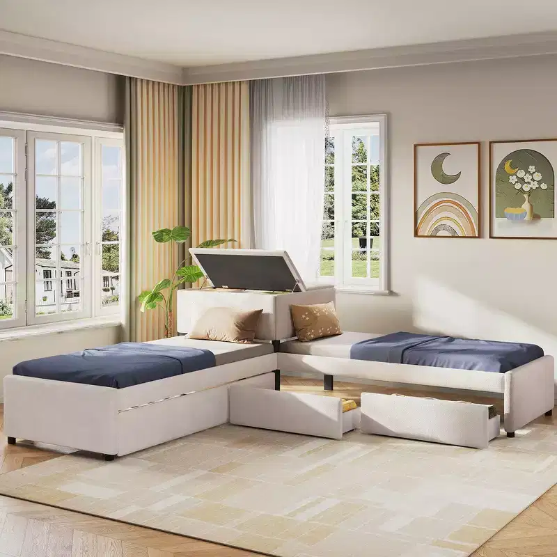 Whisen Twin Size L-shaped Upholstered Platform Bed with Built-in Desk, Trundle and Two Drawers