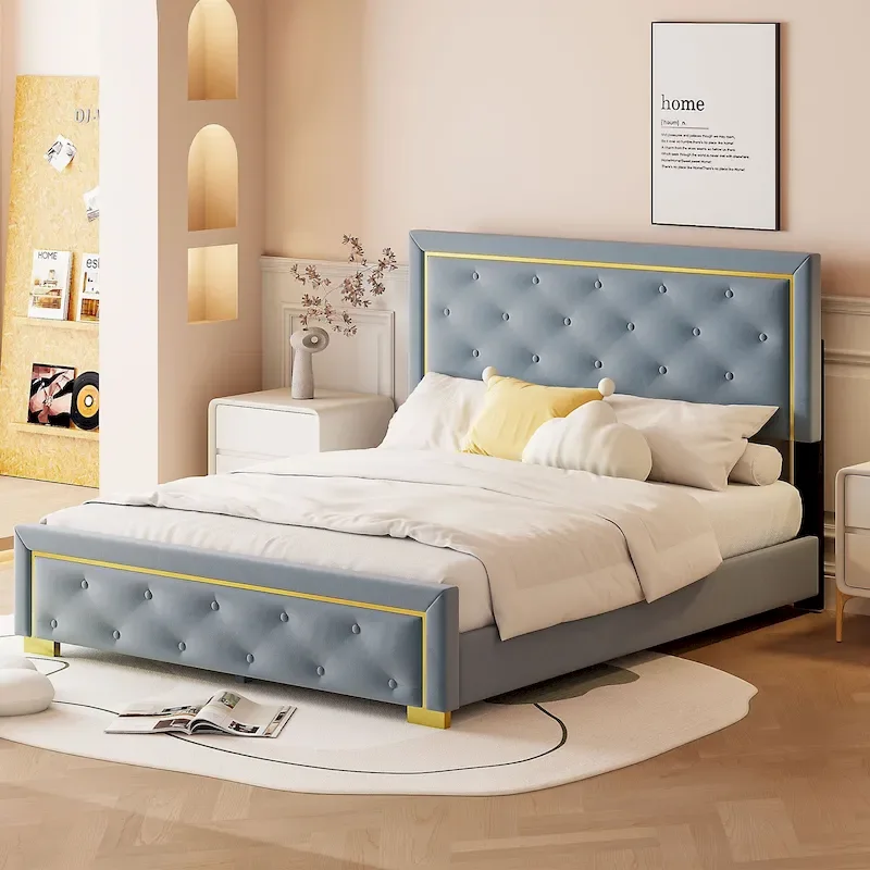 Gray Queen Size Upholstered Platform Bed with Pull Point Headboard and Metal Frame