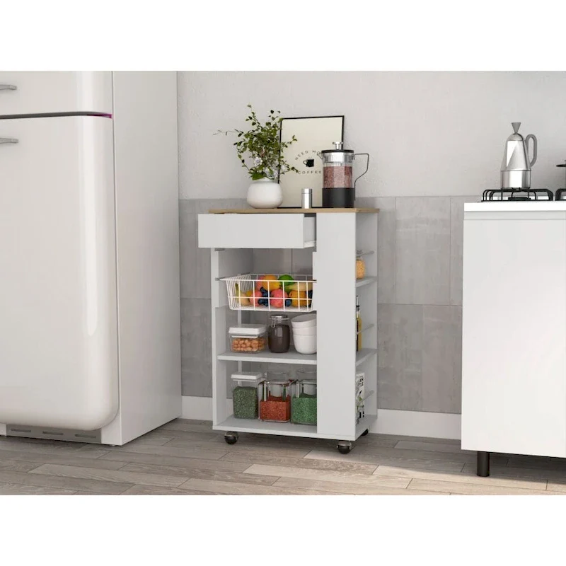 5-Shelf 1-Drawer Kitchen Cart White and Light Oak