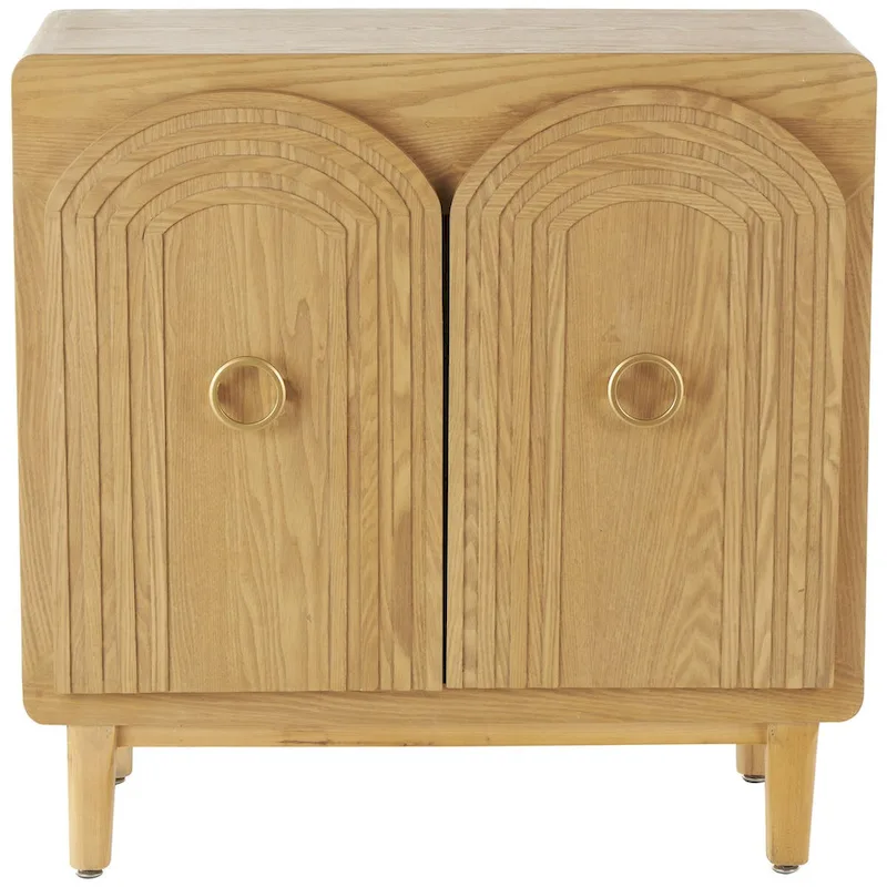 Wooden Geometric Art Deco Inspired Carved Arch 2 Door Room Cabinet with Gold Ring Handles - Brown - Roche River Decor