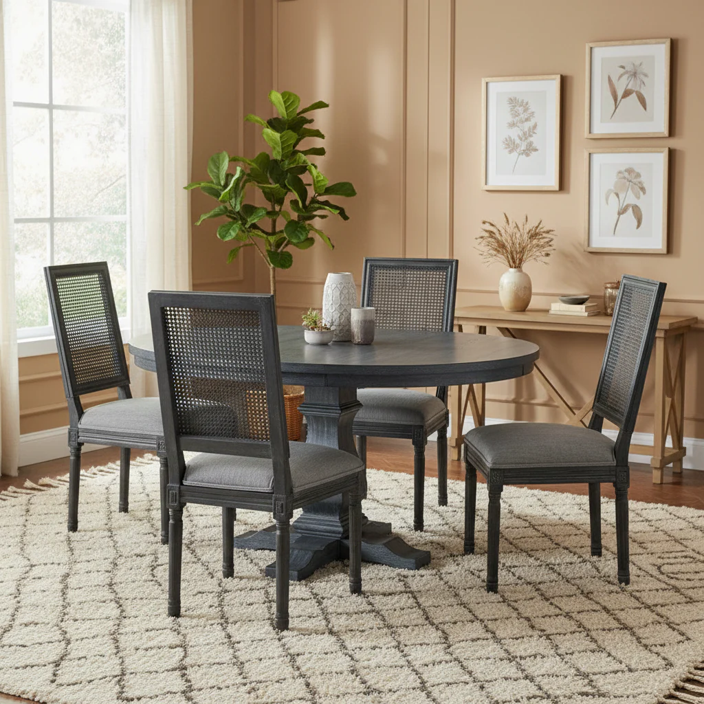Wood and Cane Dining Table and Chair Set