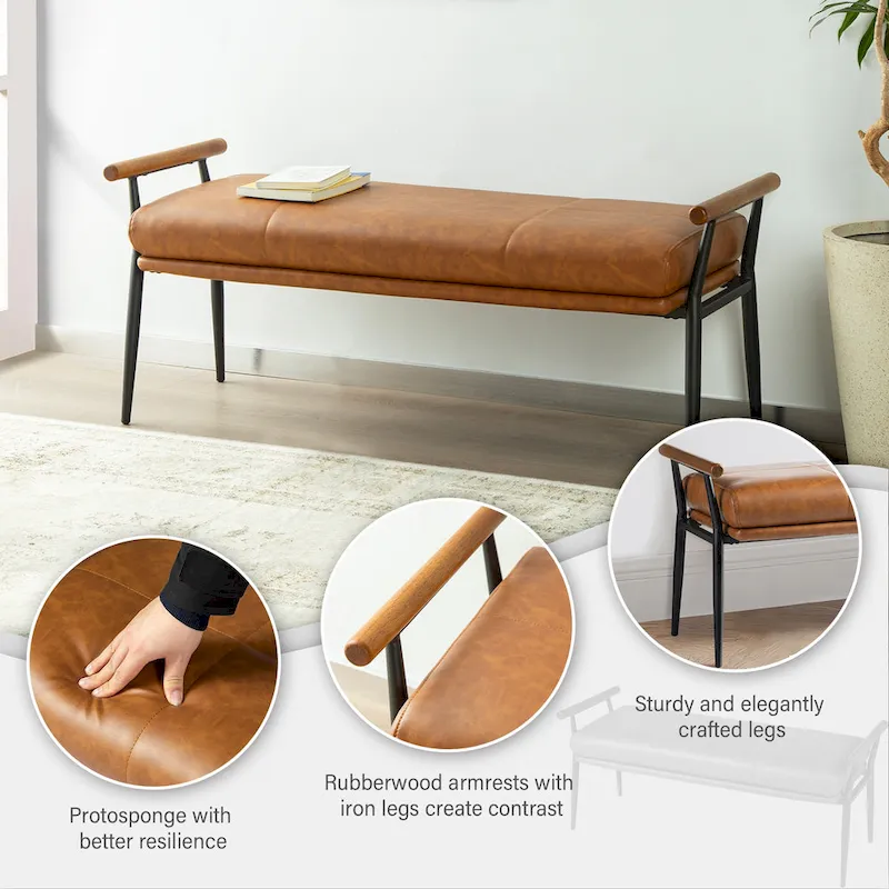 48.5W Modern Upholstered Bench with Wooden Arms and Metal Legs