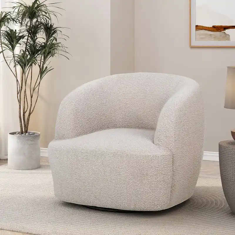 White/Beige/Black Boucle Barrel Swivel Accent Chair, Single Seat