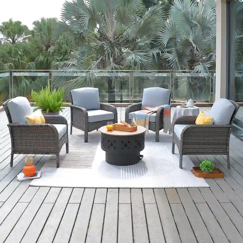 HOOOWOOO 5-piece Patio Wicker Chair Set with Wood Burning Fire Pit