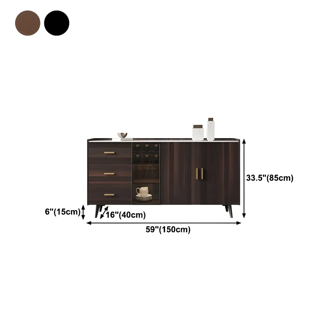 Glam Walnut Wooden Sideboard with Drawers & Cabinets