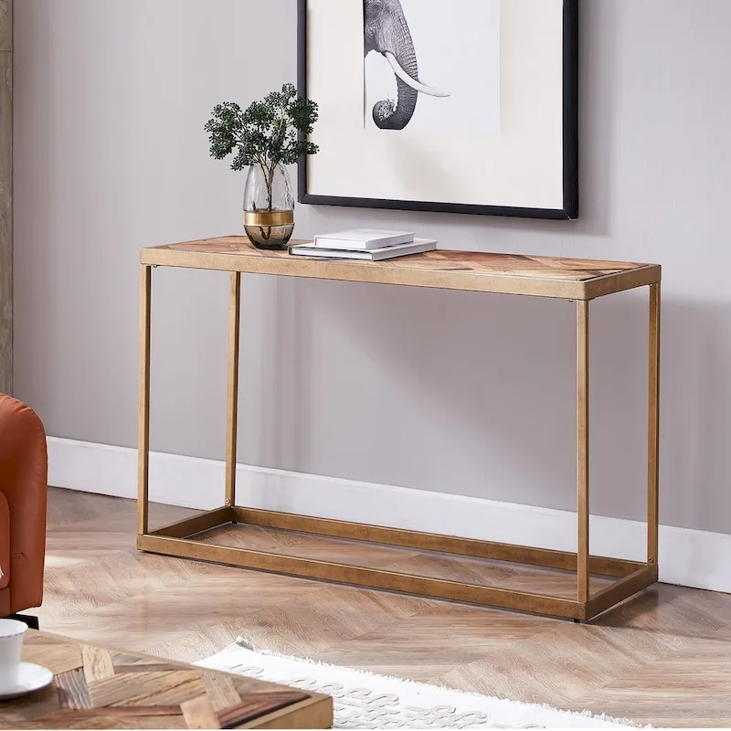 Reclaimed Wood & Antique Brass Console Table, Farmhouse Style, 1-Person Assembly