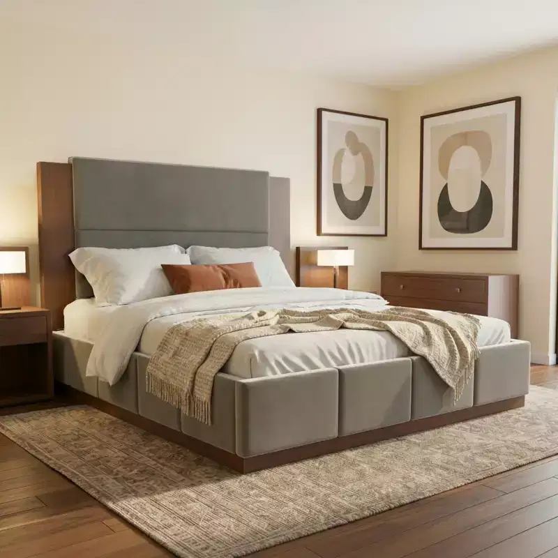 Polibi Upholstered Platform Bed with Extended Wood Headboard