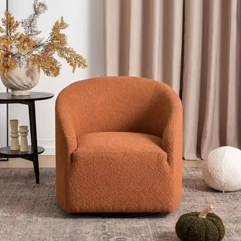 KINWELL 32 W Boucle Upholstered Swivel Barrel Accent Armchair