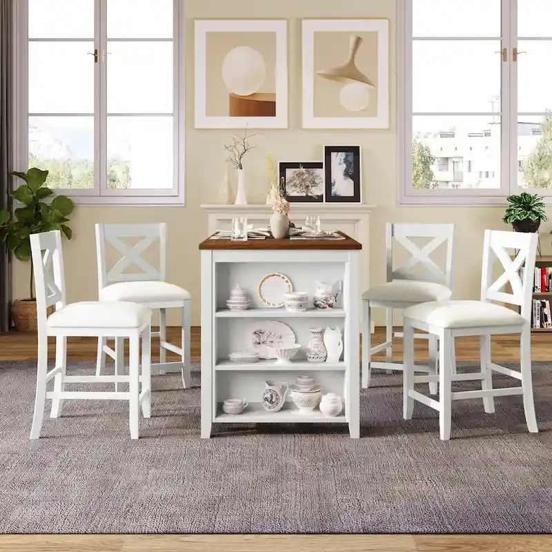 5-Piece Rustic Dining Set with Wooden Bar Table & 4 Chairs