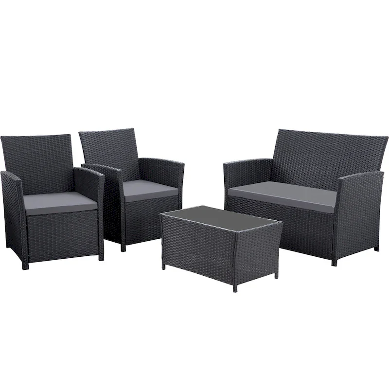 4 Piece Outdoor PE Wicker Furniture Set, Patio Rattan Sectional Sofa Couch with Washable Cushions