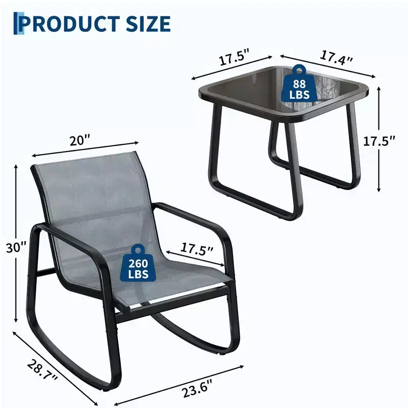 GustoWave 3-Piece Patio Bistro Set With Rocking Chairs, Textilene Mesh And Metal Frame