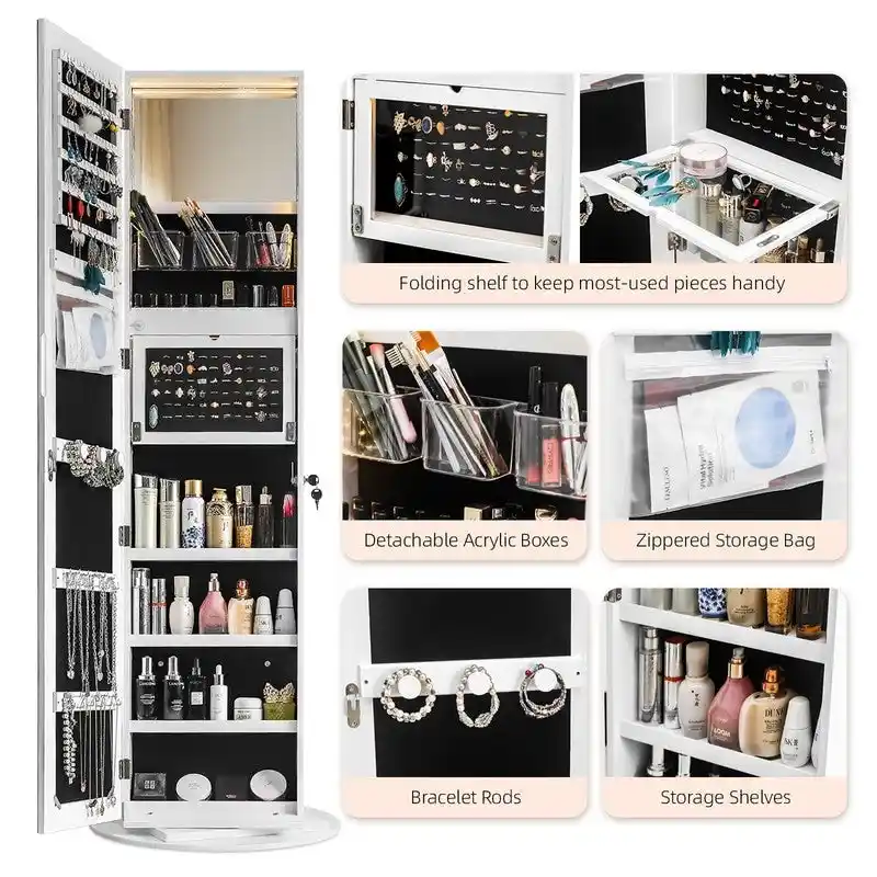 White 360° Rotating Lockable Jewelry Armoire with Full-Length Mirror & LED Light for 1